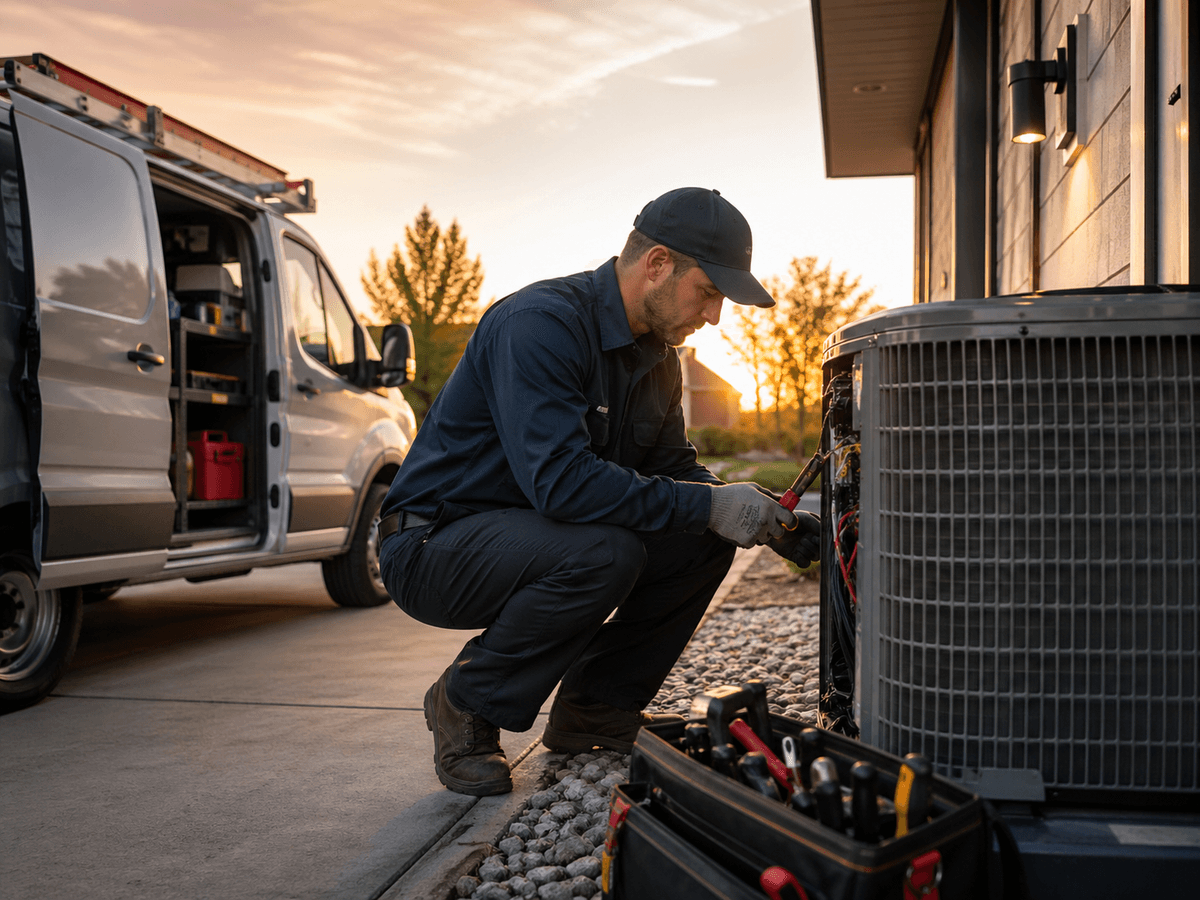 HVAC technician servicing an outdoor unit at sunset