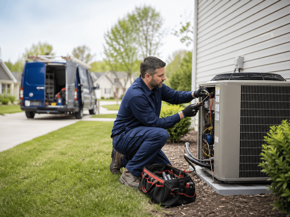 HVAC technician servicing an outdoor unit at sunset