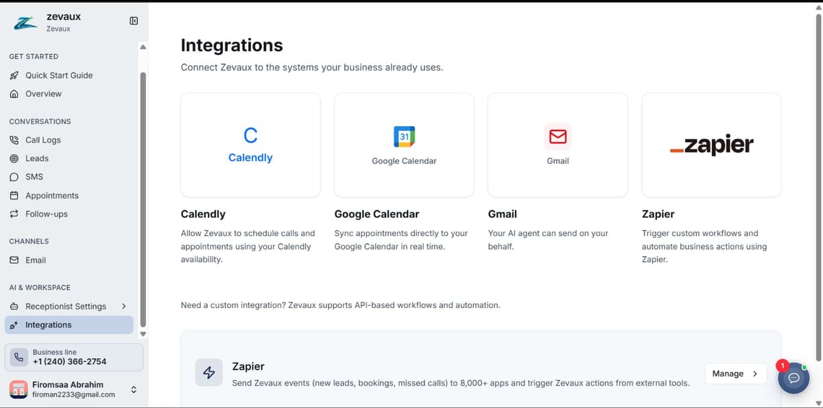 Zevaux dashboard Integrations page showing the Zapier card alongside Calendly, Google Calendar, and Gmail.