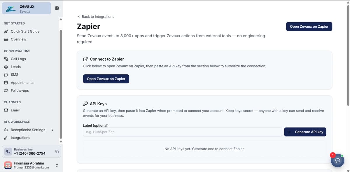 Zapier sub-page on the Zevaux dashboard with the Connect to Zapier section and an API Keys form.