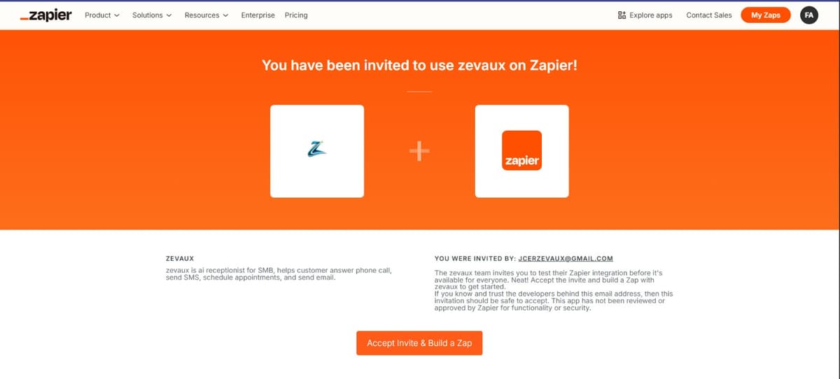 Zapier invitation page reading 'You have been invited to use zevaux on Zapier' with an Accept Invite button.
