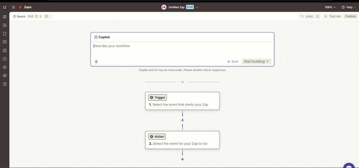 Zapier Zap editor showing an empty Untitled Zap with Trigger and Action placeholders.