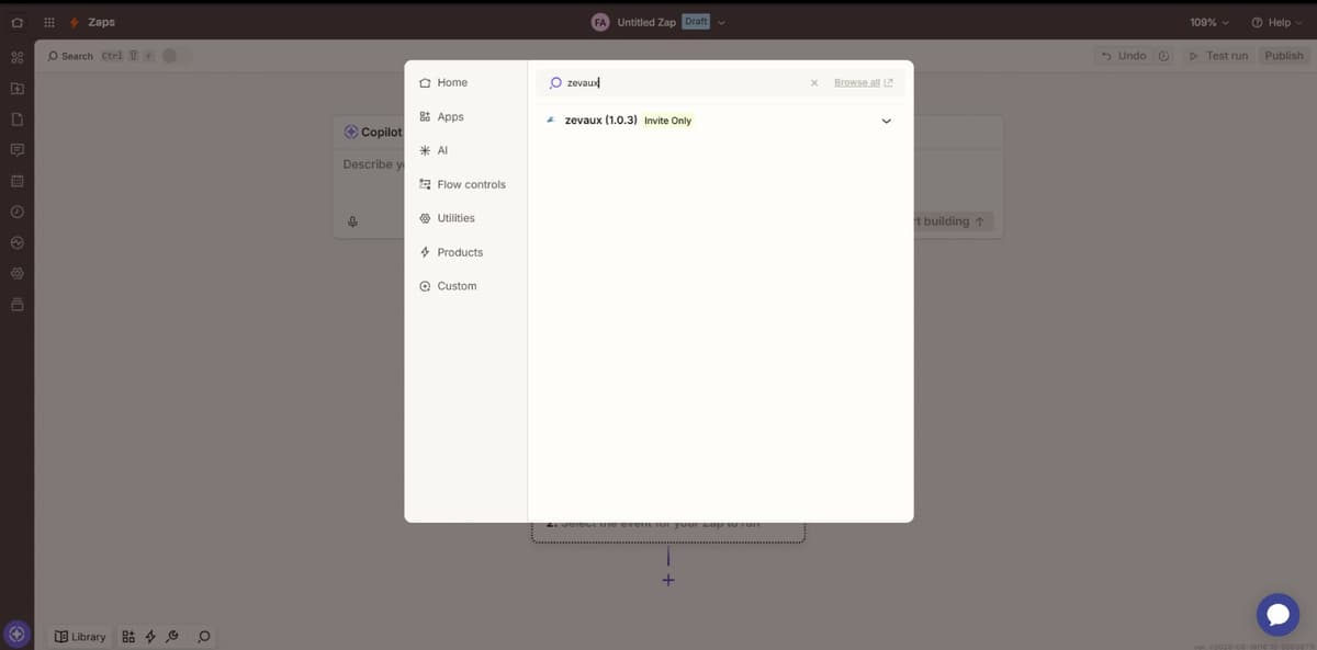 Zapier app picker with 'zevaux' typed in the search field, returning the Zevaux app tagged Invite Only.
