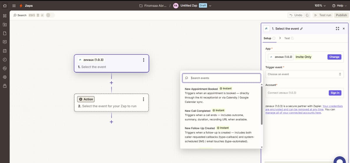 Zapier trigger event selector showing New Appointment Booked, New Call Completed, and New Follow-Up Created.