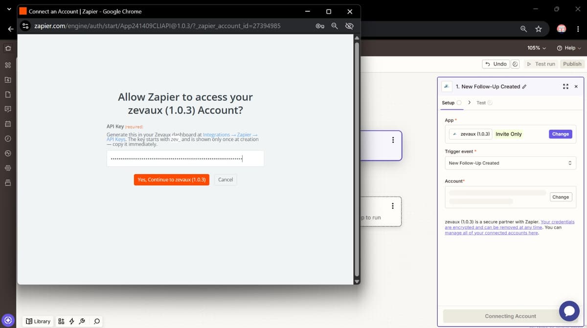 Zapier OAuth prompt asking to allow Zapier access to your Zevaux account, with the API Key field filled.