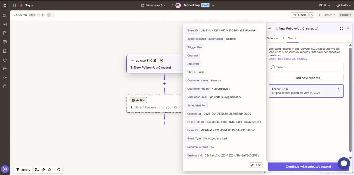 Zapier Test step showing a real Follow-Up record pulled from Zevaux with fields like Customer Name, Customer Phone, and Customer Email populated.
