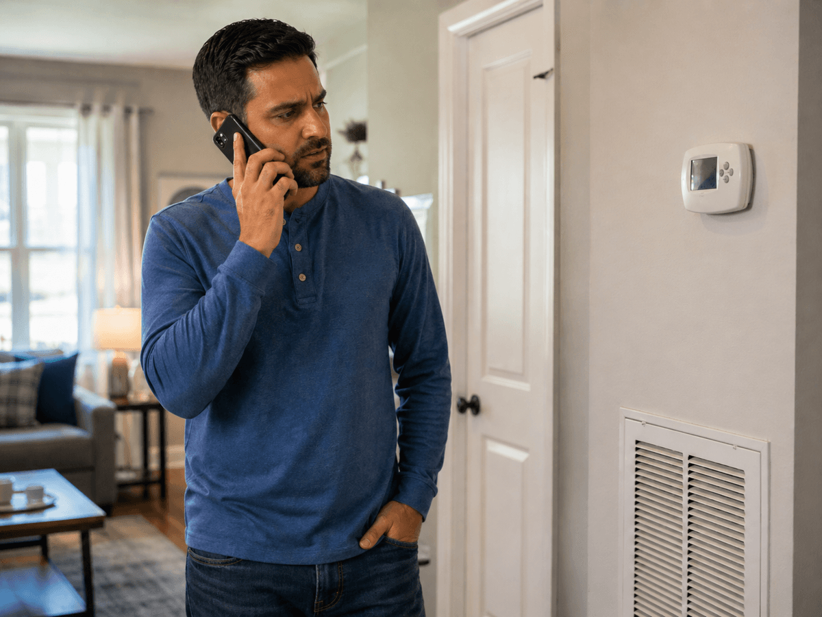 Person taking a call from their living room — Zevaux answers business calls 24/7
